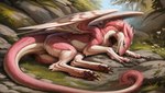 claws dragon feathered_wings feathers female feral fur furred_dragon hi_res hybrid lying multicolored_body oldhroft pink_body pink_fur sergal sleeping solo toe_claws two_tone_body wings