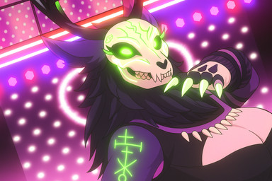 anthro antlers big_breasts bone breasts chatgpt chubby_anthro chubby_female claws female fur glowing glowing_eyes glowing_markings horn looking_at_viewer markings mythology neck_tuft neon_lights pink_body purple_body purple_fur runes skull skull_head slightly_chubby smile solo stage tuft anonymous_director zula monster mythological_creature skulldog_(species) wendigo