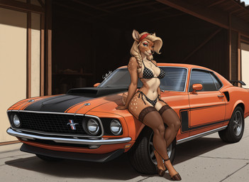 accessory anthro bikini braided_hair car clothing digitigrade eyeshadow female garage hair hair_accessory hairband hooves legwear lips lipstick looking_at_viewer makeup nails pinup pose solo stockings swimwear vehicle gilkardex elain_(gilkardex) cervid mammal absurd_res hi_res
