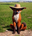 ambiguous_gender blep canid canine clothing feral fox full-length_portrait fur hat headgear headwear looking_at_viewer mammal nature nature_background nelepus orange_body orange_fur photorealism portrait realistic sitting solo tongue tongue_out