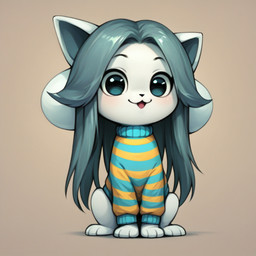 ambiguous_gender chibi clothing hair long_hair looking_at_viewer open_mouth pattern_clothing quadruped simple_background sitting smile solo striped_clothing stripes sweater tongue topwear kibermozgai undertale undertale_(series) temmie_(undertale) tem absurd_res hi_res