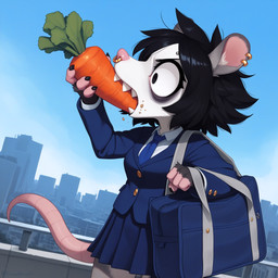 anthro biped bottomwear briefcase carrot city clothing ear_piercing facial_piercing female food inner_ear_fluff necktie nose_piercing nose_ring piercing plant pleated_skirt prick_ears ring_piercing school_uniform skirt solo tuft uniform vegetable anonymous_director invoke_high american_opossum didelphid mammal marsupial virginia_opossum 1:1 hi_res