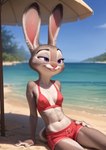 anthro beach bikini bikini_top bottomwear clothing day detailed_fur disney ears_up female fur grey_body grey_fur half-closed_eyes hotpants light narrowed_eyes nipple_outline outside purple_eyes sand scut_tail seaside short_tail shorts sitting_on_ground slim_body smile solo sunlight swimwear water babeyax715 zootopia judy_hopps lagomorph leporid mammal rabbit detailed hi_res