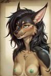 anthro black_body black_fur black_hair black_nose blush breasts clothing fangs female fur green_eyes green_nipples hair nipples shirt small_breasts solo tank_top topwear auykac canid canine canis jackal mammal wolf hi_res