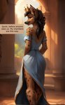 absurd_res anthro athletic athletic_female black_hair blue_clothing blue_dress brown_body brown_fur chair clothed clothing crown dialogue dress female fur furniture hair hi_res hyaenid looking_at_viewer mammal queen royalty seductive sitting solo spots spotted_body spotted_fur throne trake_legend watermark