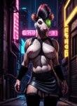 accessory anthro bottomwear breasts clothing cyberpunk female garter genitals leather leather_clothing looking_at_viewer mohawk navel neon_lights night nipples pink_nipples pussy skirt solo standing visor marcus64 mammal murid murine rat rodent hi_res