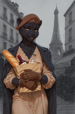 amber_eyes anthro baguette beret black_body black_fur black_overcoat bread chest_tuft clothing dress eiffel_tower female food fur gloves handwear hat headgear headwear inner_ear_fluff leather leather_clothing leather_gloves leather_handwear looking_at_viewer outside paris solo tuft whiskers wine_bottle ilmpbx siyana_(ilmpbx) felid mammal pantherine absurd_res greyscale hi_res monochrome signature