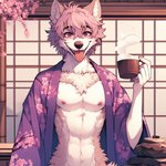 anthro asian_clothing bing_image_creator canid canine cheek_tuft chest_tuft clothing container cup east_asian_clothing facial_tuft flower fur hair half-length_portrait holding_object japanese_clothing kimono looking_at_viewer male mammal nipples open_mouth open_smile pink_hair pink_nipples plant portrait purple_eyes smile smiling_at_viewer solo steam tongue tongue_out tuft white_body white_fur