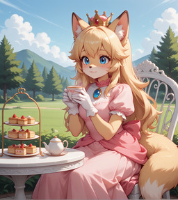 anthro beverage blonde_hair blue_eyes blush brooch cake cake_slice chair clothing crown dessert dress female fluffy food fur furniture gloves hair handwear holding_object inner_ear_fluff long_hair outside pink_clothing pink_dress sidelocks sitting sky smile smiling_at_viewer solo table tail tea teapot tuft yellow_body yellow_fur turkey_(director) mario_bros nintendo super_mario_bros princess_peach canid canine fox mammal hi_res