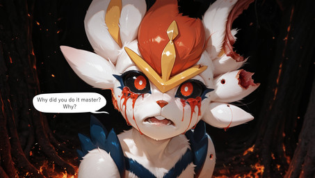 ambiguous_gender anthro black_sclera blood blood_on_face blue_body bodily_fluids creepy crying dialogue fire forest fur gore looking_at_viewer open_mouth plant red_eyes solo speech_bubble tears teeth text tree white_body white_fur towersmash nintendo pokemon cinderace generation_8_pokemon lagomorph mammal pokemon_(species) english_text