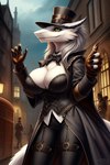 anthro ariesai breasts city cityscape cleavage clothed clothing female green_eyes large_breasts looking_at_viewer sergal smile smirk solo steampunk