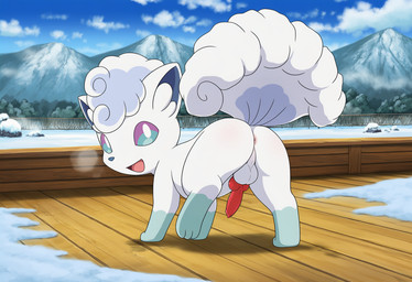 animal_genitalia animal_penis anus balls blue_body blue_eyes blue_fur blue_nose blush breath butt canine_genitalia canine_penis cloud day detailed_background feral fluffy fluffy_tail fur genitals leg_markings looking_at_viewer looking_back male markings mountain multi_tail multicolored_body one_leg_up open_mouth open_smile outside penis plant presenting presenting_anus presenting_hindquarters presenting_penis quadruped raised_leg raised_tail rear_view sky smile snow socks_(marking) solo standing tail tongue tree white_body white_fur jomisa nintendo pokemon alolan_form alolan_vulpix canid canine mammal pokemon_(species) regional_form_(pokemon)