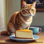 amber_eyes ambiguous_gender anthro cake cheese_cake claws container cup dessert feral food fur furniture inner_ear_fluff inside multicolored_body multicolored_fur orange_body orange_fur pink_nose plate sitting table tail tuft whiskers white_inner_ear_fluff window cow_of_fire domestic_cat felid feline felis mammal 1:1