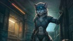 absurd_res anthro armor blue_eyes clothed clothing coconut_furry_mix_2_vivid_(model) detailed_background doom_eternal_(game) felid female fluffy hi_res mammal navel pantherine skimpy slim smile snow_leopard solo tagme yuki_laneige