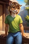 anthro bottomwear brown_eyes clothing dark_blonde_hair denim denim_clothing green_clothing green_shirt green_topwear jeans knowlton_(mindry) male pants pink_nose shirt smile solo topwear mindry cougar felid feline mammal