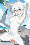 <3 anthro armpit_showing beach blue_eyes blush bodily_fluids breasts duo erection female genital_fluids genitals grey_body hair hand_on_leg hands_behind_head happy humanoid_genitalia male male/female navel nipples nude open_mouth outside penetration penis raised_tail seaside sex sharp_teeth teeth vaginal vaginal_penetration white_body white_hair powerhead_(director) fish marine shark hi_res