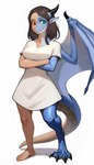 anthro barefoot blue_body blue_scales brown_hair clothed clothing feet female front_view hair heterochromia horn looking_away membrane_(anatomy) membranous_wings scales shy solo tan_body tan_skin transformation white_clothing wings degenstoic chimera dragon humanoid full-length_portrait hi_res portrait