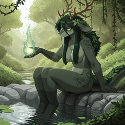 accessory anthro antlers female flower flower_in_hair forest fur green_body green_eyes green_fur green_hair green_scales hair hair_accessory horn leaf lily_pad magic_user nude outdoor_nudity outside plant rock scales sitting solo tail tree vines water meloncruiser9000 hybrid mammal reptile scalie spirit hi_res