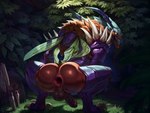antennae_(anatomy) anthro anus balls big_butt brown_body brown_fur butt claws crouching erection exoskeleton fur gaping gaping_anus genitals green_eyes insect_wings jungle leaf looking_at_viewer looking_back looking_back_at_viewer male penis perineum plant purple_body rear_view red_body red_skin riot_games sharp_teeth solo spikes spikes_(anatomy) teeth tencent tree wings rulethony34tano_(director) league_of_legends kha'zix_(lol) arthropod insect hi_res