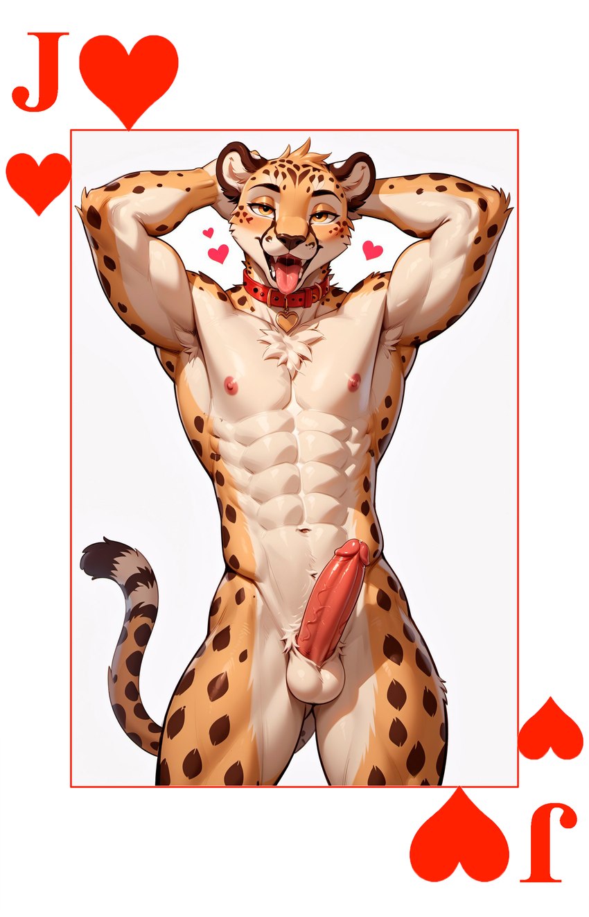 <3 abs animal_ears anthro armpit_showing athletic athletic_male balls blush card collar collar_only erection genitals hair hands_behind_head looking_at_viewer male male_focus muscular muscular_male navel nipples nude penis playing_card poker short_hair solo solo_focus standing tongue tongue_out vein veiny_penis director_yeenashaven cheetah felid feline mammal absurd_res hi_res