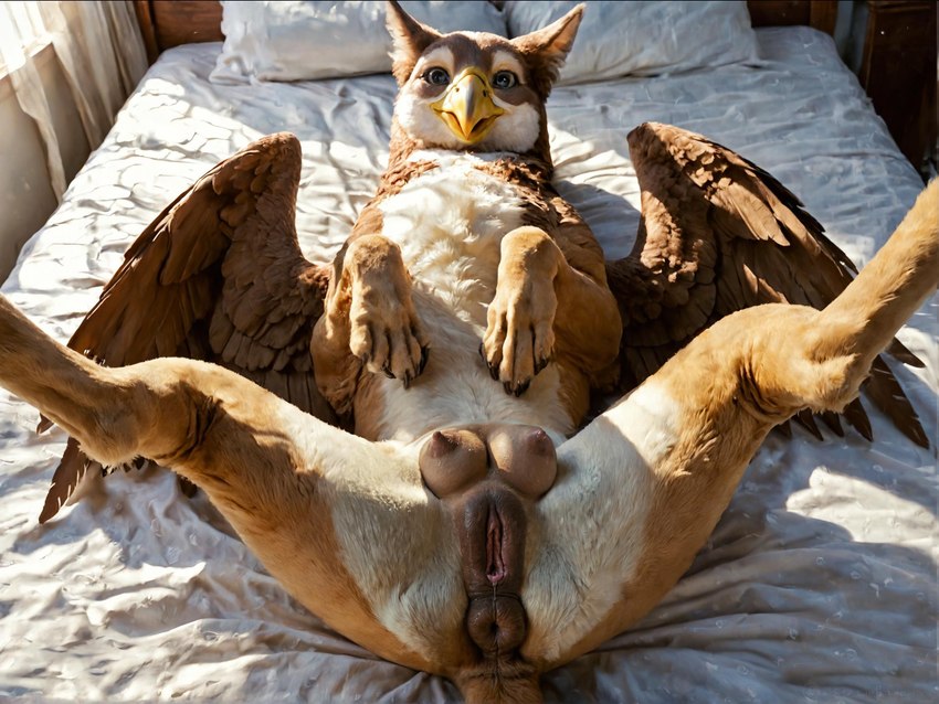 anus bed breasts claws feathers female female_focus feral furniture genitals looking_at_viewer lying nipples on_back on_bed pawpads paws pussy realistic realistic_feral realistic_fur realistic_wings solo teats wings jelloponies avian gryphon mammal mythological_avian hi_res