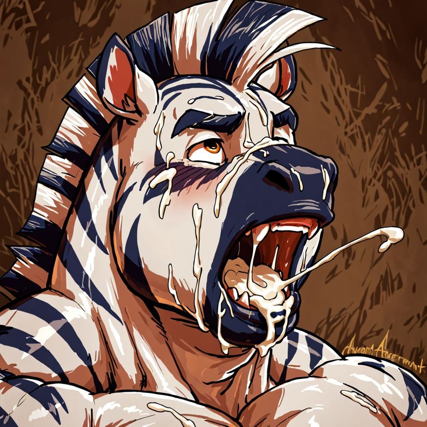 anthro black_stripes bodily_fluids cum cum_in_mouth cum_inside cum_on_face genital_fluids male muscular open_mouth solo stripes white_body equid equine mammal zebra