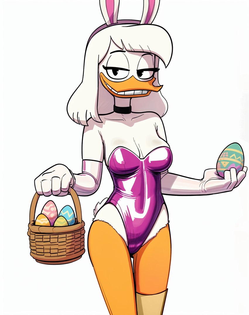 anthro armwear bangs basket beak bedroom_eyes black_eyes breasts bunny_costume choker cleavage clenched_teeth clothed clothing container costume disney ducktales ducktales_(2017) easter easter_egg egg elbow_gloves eyebrows eyeliner fake_ears fake_rabbit_ears female gloves hair handwear holding_object jewelry leotard looking_at_viewer makeup narrowed_eyes necklace nipple_outline non-mammal_breasts orange_legs pink_clothing prosthetic prosthetic_leg prosthetic_limb raised_eyebrows scut_tail seductive short_tail simple_background smile solo teeth tight_clothing white_background white_body white_hair white_skin cloud9999 della_duck anatid anseriform avian bird duck colored hi_res portrait three-quarter_portrait