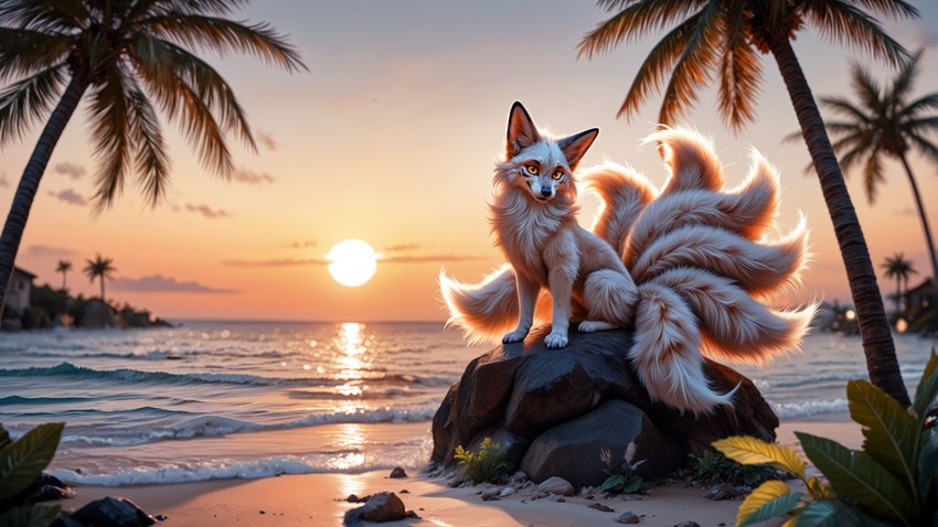 ambiguous_gender beach beach_background building detailed_background feral fur house multi_tail palm_tree plant sand sea seaside sitting_on_rock solo sunset tree water white_body white_fur yellow_eyes hummuna canid canine fox generation_1_pokemon mammal ninetales pokemon_(species) absurd_res hi_res wallpaper