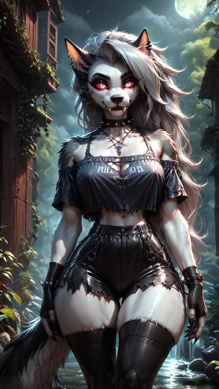 anthro breasts clothed clothing female fur hair looking_at_viewer solo torn_clothing director_elkkue loona_(helluva_boss) canid canid_demon canine canis demon hellhound mammal wolf absurd_res hi_res