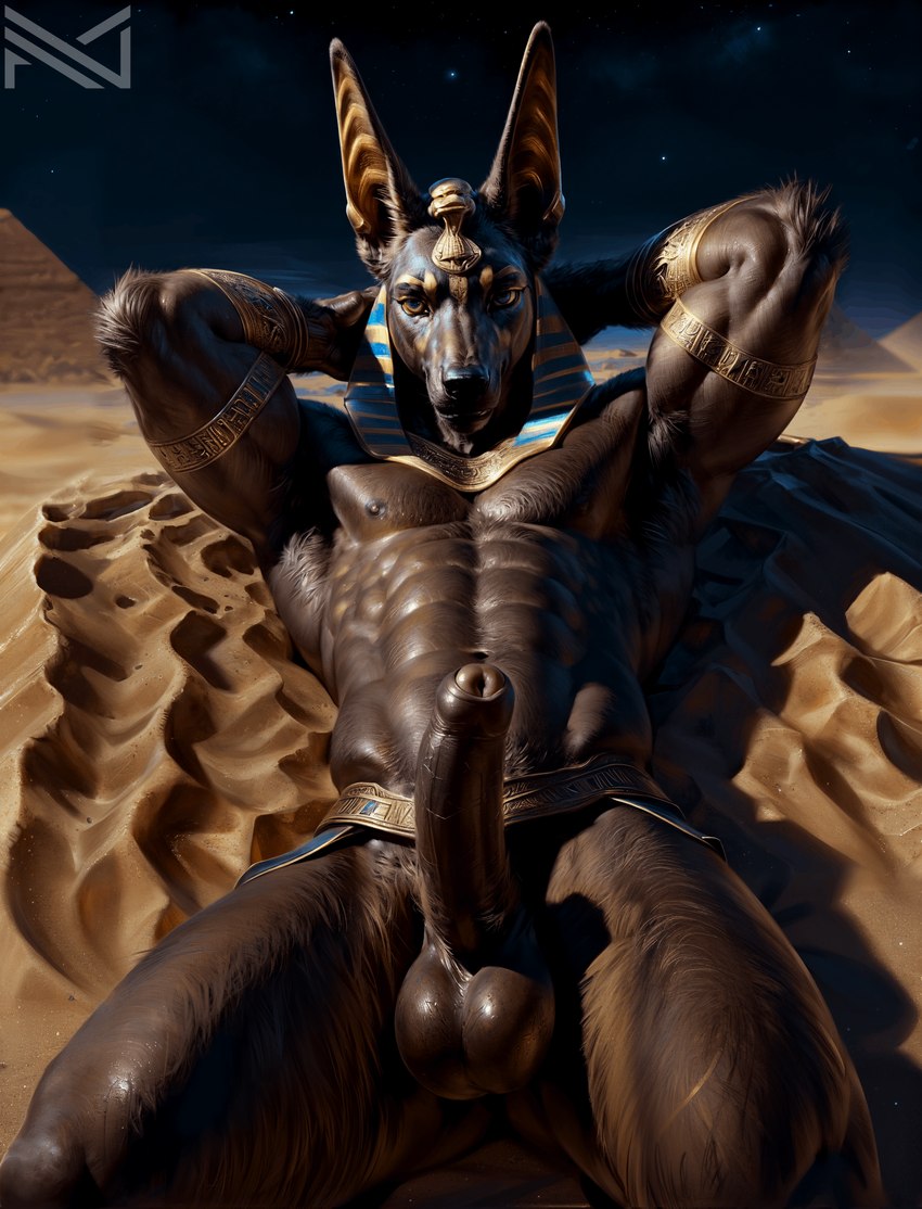 abs anthro armpit_hair balls big_balls big_penis black_body black_fur body_hair clothing desert detailed_background detailed_fur egyptian egyptian_mythology erection foreskin fur genitals gold_(metal) gold_jewelry hair hood humanoid_genitalia humanoid_penis jewelry light looking_at_viewer lying male muscular muscular_anthro muscular_male night nipples nude on_back outdoor_nudity pecs penis presenting presenting_penis pubes pyramid realistic sand solo tight_foreskin notte anubis anubian anubian_jackal canid canine canis deity jackal mammal alternate_version_at_source colorful detailed hi_res lighting shaded soft_shading