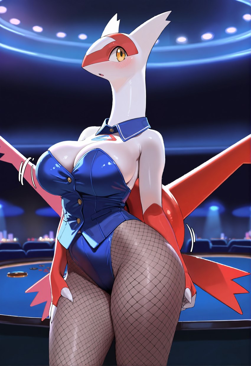 anthro blush breasts card_game casino clothing female fishnet fishnet_legwear gaming legwear poker poker_table solo spotlight standing wings matt3985_(director) phazon generation_3_pokemon latias legendary_pokemon pokemon_(species) hi_res