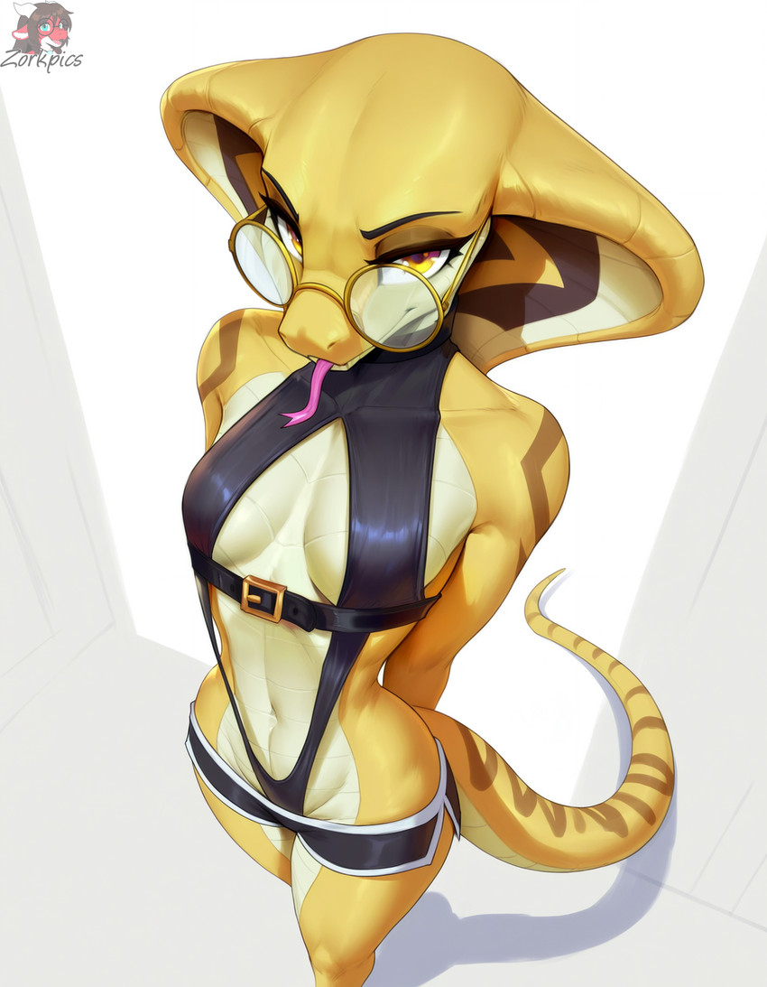 anthro belt_buckle breasts eyewear female forked_tongue glasses long_tail looking_at_viewer non-mammal_breasts round_glasses simple_background slim_female snake_hood solo standing tail tongue yellow_eyes berzekir reptile scalie snake hi_res watermark