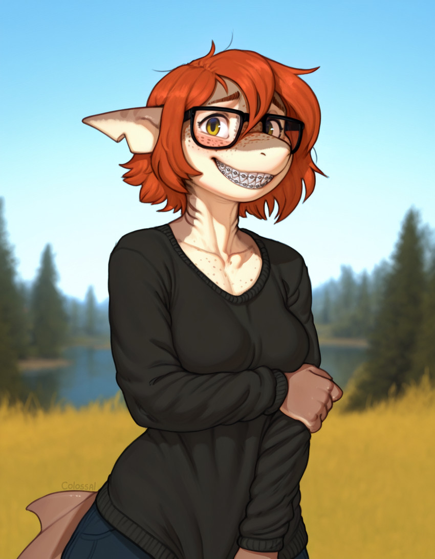 5_fingers anthro blush bottomwear braces breasts clothed clothing day embarrassed eyelashes eyewear female fin fingers freckled_face freckles gills glasses hair lake looking_at_viewer nerd non-mammal_breasts orange_hair outside plant red_hair sharp_teeth shy sky smile solo sweater teeth topwear tree yellow_eyes colossal_exhoost_fume fish marine shark hi_res