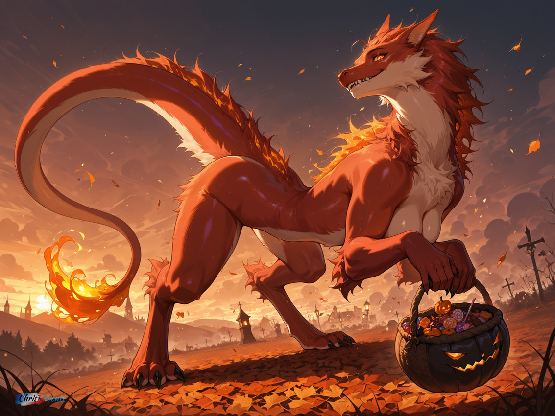 4_toes 5_fingers anthro autumn_leaves breasts candy claws dessert detailed_background fangs feet female fingers fire flaming_hair flaming_mane fog food fur hair halloween halloween_bucket leaf looking_at_viewer looking_down_at_viewer low-angle_view mane mane_hair multicolored_body multicolored_fur mythology nude orange_eyes park pseudo_hair pseudo_mane smile solo sunset tail teeth toes tuft twilight two_tone_body two_tone_fur village chrisphoenix halloween_2025 canid canine dragon furred_dragon mammal mythological_creature mythological_scalie scalie absurd_res hi_res