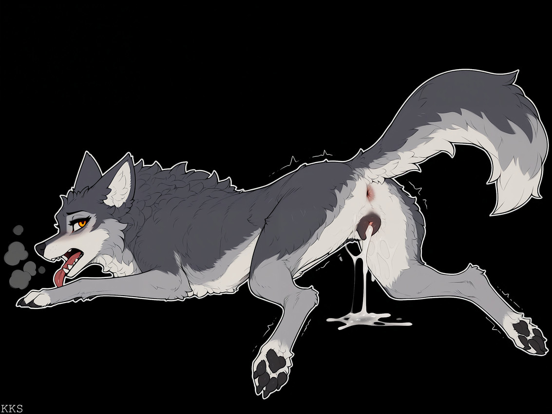 after_sex animal_genitalia animal_pussy anus bodily_fluids canine_genitalia canine_pussy claws cum cum_drip cum_in_pussy cum_inside dripping fangs female feral fur genital_fluids genitals grey_body grey_fur inner_ear_fluff looking_pleasured pawpads pussy raised_tail simple_background solo teeth tuft white_body white_fur yellow_eyes krickracsac canid canine canis domestic_dog mammal wolf director_name hi_res
