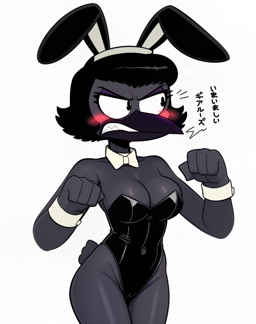 accessory angry_eyes anthro beak black_body black_clothing black_eyes black_hair black_skin blush breasts camel_toe cleavage clenched_teeth clothed clothing dialogue disney ducktales ducktales_(2017) eyeliner eyeshadow fake_ears fake_rabbit_ears female fist frown hair hair_accessory hairband leotard makeup navel_outline paw_pose pose purple_eyeshadow shirt_collar shirt_cuffs short_hair short_tail simple_background solo teeth text white_background cloud9999 inspector_tezuka avian bird corvid corvus_(genus) crow oscine passerine hi_res japanese_text portrait three-quarter_portrait translated