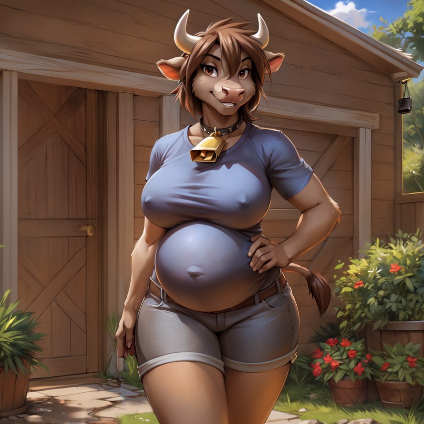 alternate_species anthro barn big_breasts bottomwear breasts brown_body brown_fur brown_hair clothed clothing collar cowbell curvy_figure dialogue farm female fur hair hand_on_hip horn navel nipple_outline outie_navel outside pink_nose plant pregnant shirt short_hair shorts solo solo_focus standing t-shirt tail_tuft talking_to_viewer thick_thighs topwear tuft twokinds voluptuous wide_hips banal_fissure zen_(twokinds) bovid bovine cattle keidran mammal