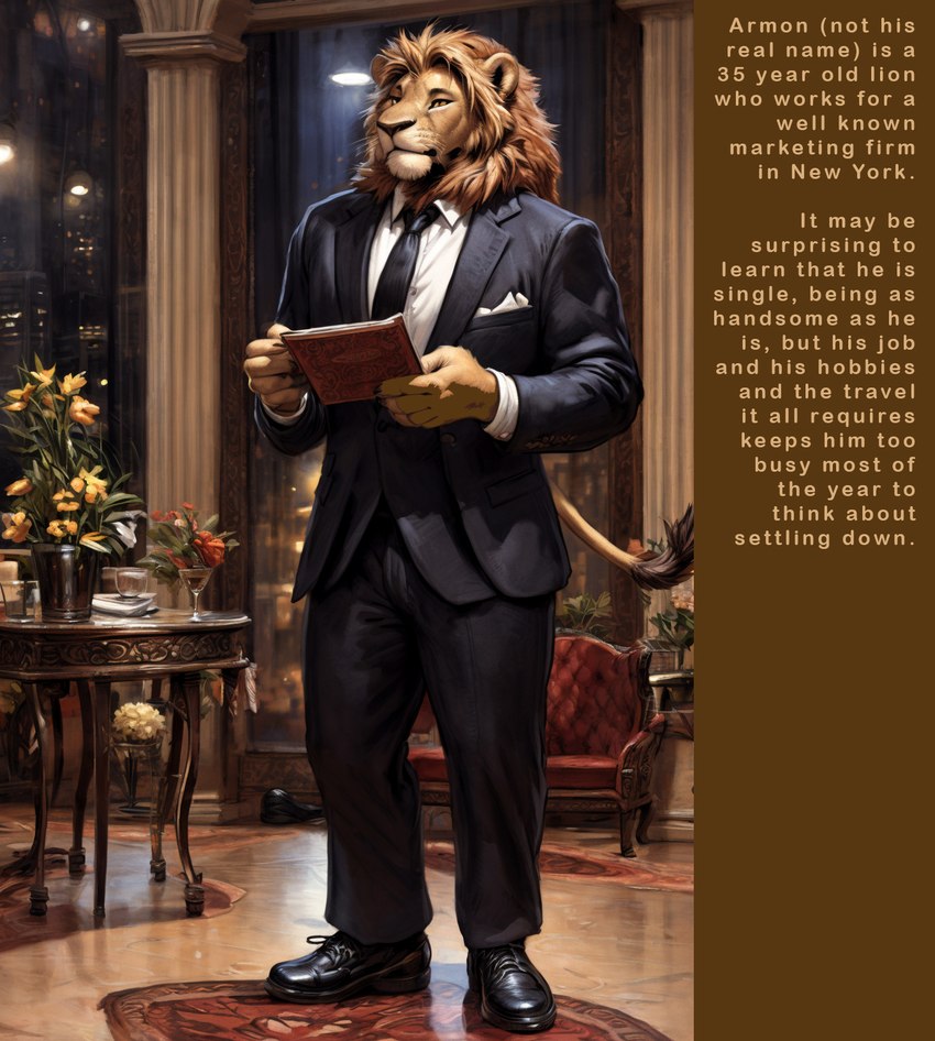 anthro classy clothing hotel_room male mane necktie solo suit wetfur_(director) armon felid lion mammal pantherine hi_res