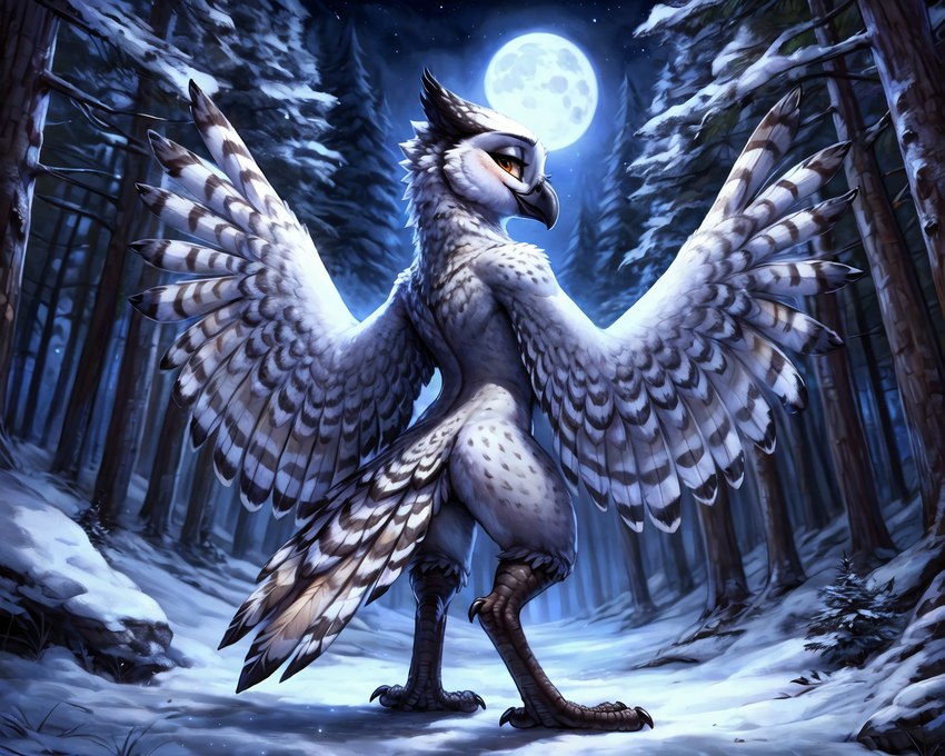 anthro beak bird_feet bird_legs feathered_wings feathers female forest half-closed_eyes looking_at_viewer looking_back moon narrowed_eyes plant scuted_legs scutes snow solo spread_wings subsurface_scattering tail_feathers talons tree winged_arms wings birdlover avian bird bubo_(genus) owl snowy_owl true_owl absurd_res hi_res huge_filesize