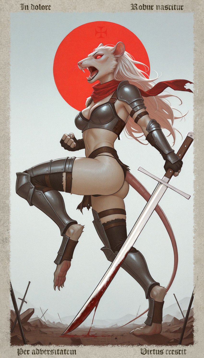 action_pose angry angry_expression anthro armor asymmetrical_clothing blood blood_on_weapon bodily_fluids bottomwear breasts butt claws cleavage clothed clothing digitigrade fangs female fingerless_gloves fur gloves glowing glowing_eyes hair handwear holding_object holding_weapon legwear loincloth long_hair looking_at_viewer medieval medieval_armor melee_weapon midriff nails pose rat_ears rat_tail red_eyes scarf screaming sharp_teeth side_view skimpy solo sword tail teeth text thigh_highs weapon white_body white_fur white_hair crusader_(director) mammal murid murine rat rodent absurd_res hi_res latin_text