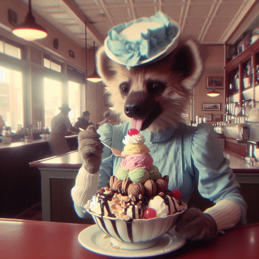 anthro blue_clothing brown_body brown_fur cherry clothing cutlery dairy_products dessert dress eating female food fruit fur gloves handwear hat headgear headwear ice_cream kitchen_utensils nut_(fruit) plant solo_focus spoon tongue tongue_out tools whipped_cream hyaenid mammal