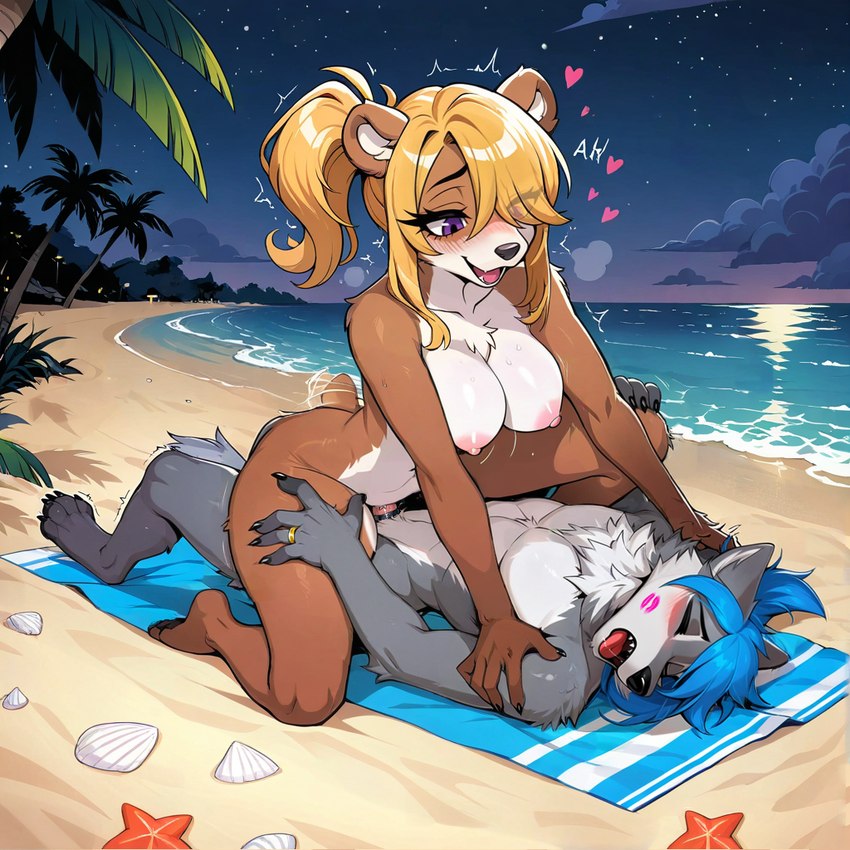 <3 animal_ears anthro beach blonde_hair blue_hair blush breasts claws completely_nude cowgirl_position duo female female_on_top from_front_position genitals hair hair_over_one_eye large_breasts male male/female night nipples nude on_bottom on_top open_mouth outdoors palm_tree penis plant ponytail purple_eyes pussy sand sea seaside sex sky smile straddling towel tree vaginal water thebigbradwulf beryl_(thebigbradwulf) brad_wulf_(thebigbradwulf) canid canine canis humanoid mammal ursid wolf