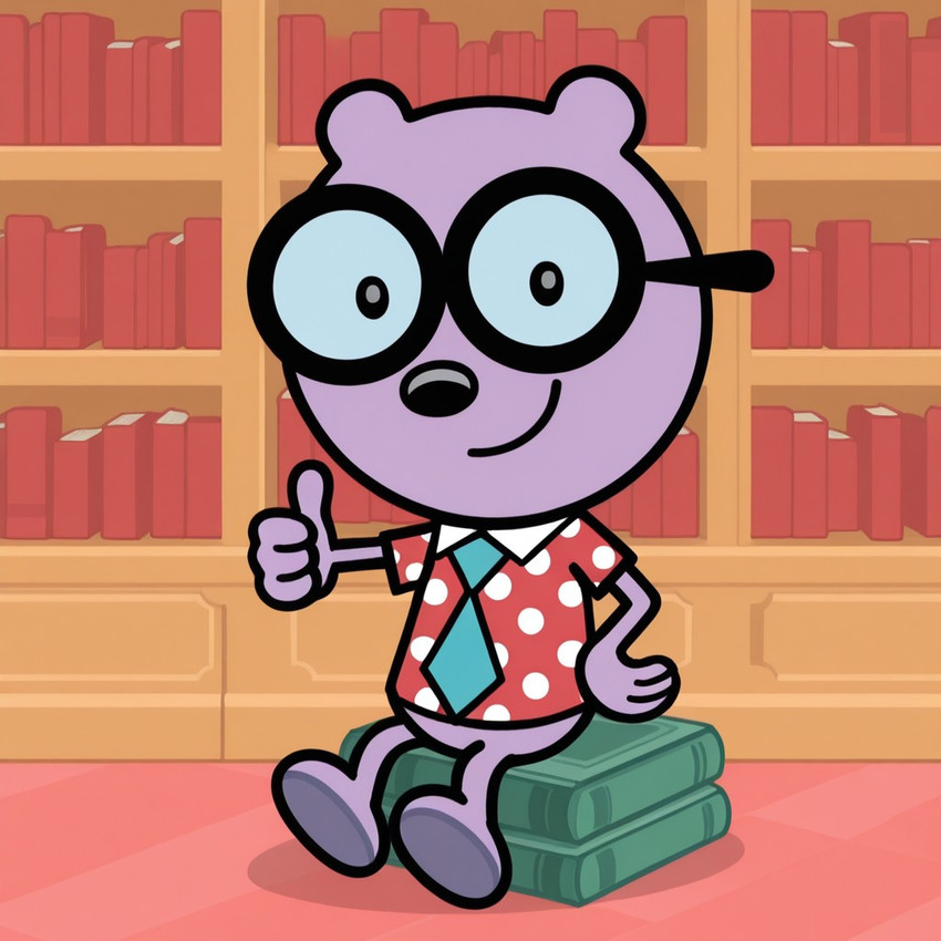 barefoot book bookshelf bottomless clothed clothing eyewear feet furniture gesture glasses male purple_body sitting smile solo thumbs_up boxen549 wow!_wow!_wubbzy! walden mammal ursid