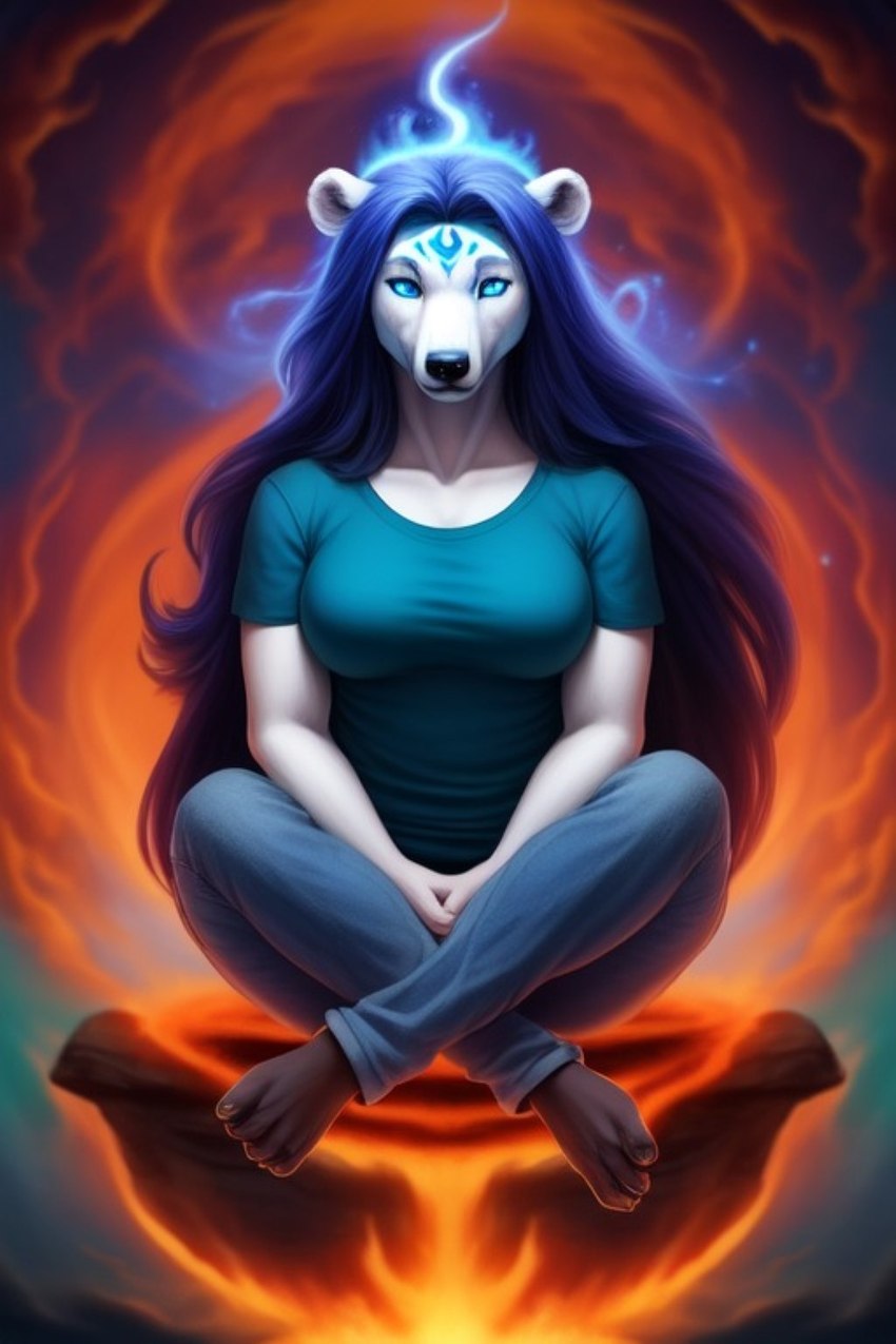 anthro aura blue_eyes blue_hair bottomwear clothed clothing crossed_legs denim denim_clothing female floating flowing_hair forehead_mark fully_clothed fur hair jeans long_hair mystical pants shirt sitting solo t-shirt tight_clothing tight_topwear topwear white_body white_fur wahrdu attea mammal polar_bear spirit ursid ursine hi_res