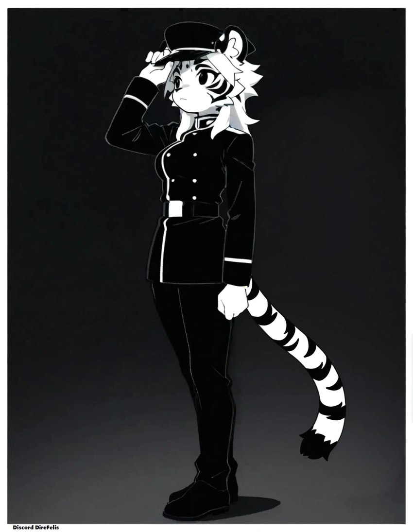 anthro breasts clothed clothing ear_markings facial_markings female fur hair hat head_markings headgear headwear markings military_uniform simple_background solo striped_body stripes uniform white_body direfelis_(director) felid mammal pantherine tiger full-length_portrait hi_res monochrome portrait watermark