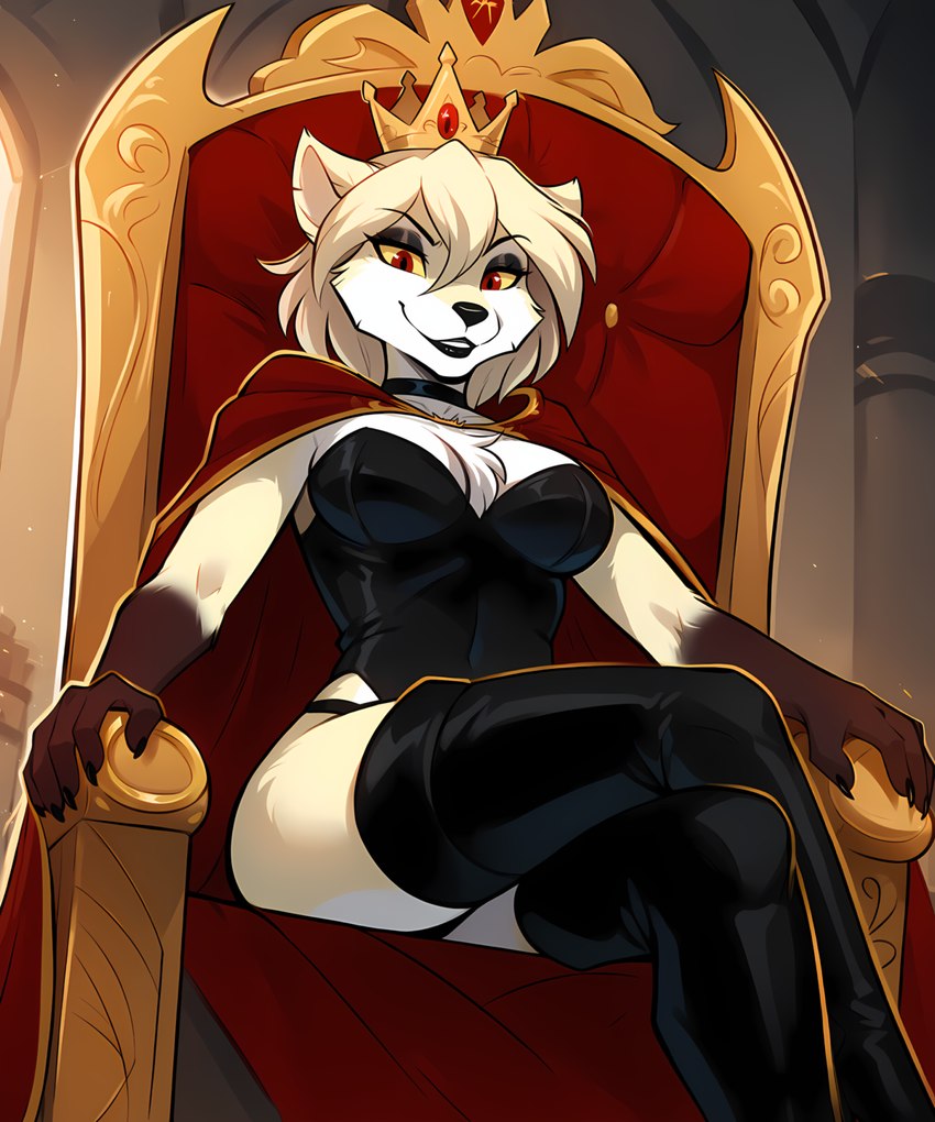 5_fingers anthro breasts cape chair clothed clothing crossed_legs crown female fingers fur furniture hair king legwear looking_at_viewer on_chair queen royalty sitting sitting_on_chair smile solo thigh_highs throne white_body anontk twokinds clovis_(twokinds) canid canine canis mammal hi_res