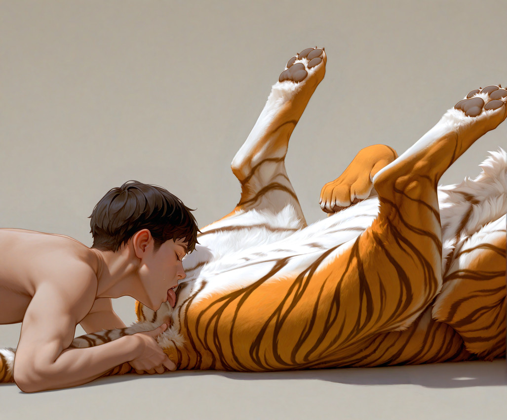 4_toes 5_fingers anatomically_correct anatomically_correct_genitalia anatomically_correct_pussy animal_genitalia animal_pussy anus bestiality black_hair bodily_fluids claws crotch_focus cunnilingus duo faceless_character feet feline_pussy female feral fingers fluffy fur genitals hair human_on_feral interspecies legs_up lying lying_on_back male male/female multicolored_body multicolored_fur nude on_back oral paws pussy saliva sex side_view simple_background spread_legs spreading sweat toes tongue vaginal drla felid human mammal pantherine tiger absurd_res hi_res