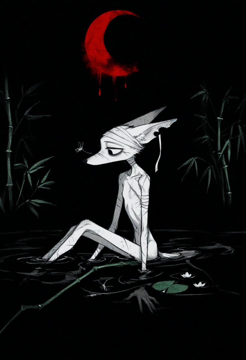 ambiguous_gender anthro bamboo bandages empty_eyes notched_ear scar solo lezzy canid canine fox mammal hi_res