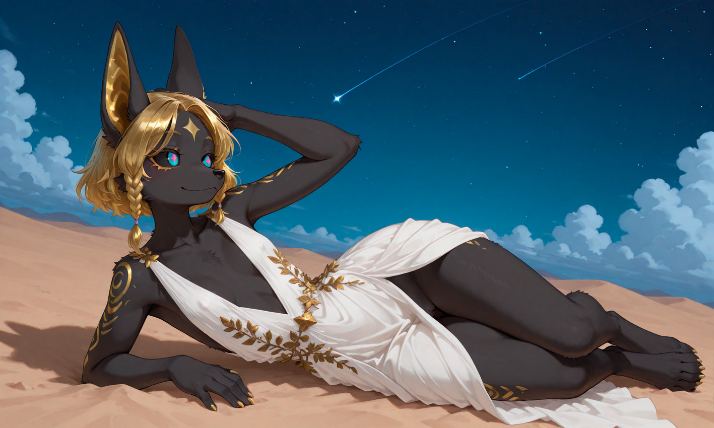 anthro black_body blonde_hair blue_eyes clothing cloud cosmic_background dress ears_up egyptian female fur fur_markings genitals gold_nails hair lying markings on_side outside pink_eyes pussy sand shooting_star short_hair side_view sky solo star starry_background starry_sky white_clothing white_dress loren_iipsum canid canine canis dobermann domestic_dog mammal pinscher hi_res