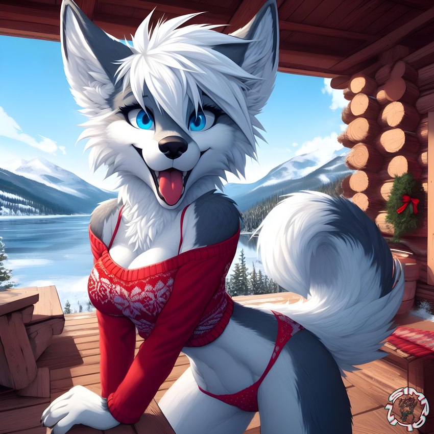 anthro blue_eyes clothing countershading detailed_background excited female fur grey_body grey_fur hair happy leaning leaning_forward log_cabin panties red_clothing red_panties red_sweater red_topwear red_underwear solo solo_focus sweater tongue tongue_out topwear underwear white_body white_countershading white_hair canid canine canis mammal wolf absurd_res hi_res